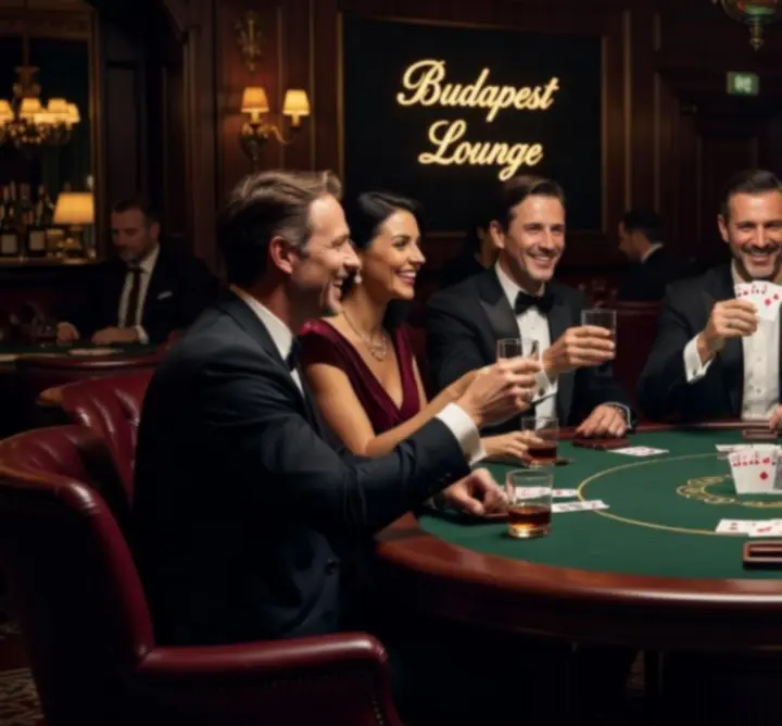 Mosolygó vendégek pókerasztalnál egy elegáns budapesti Poker Lounge-ban