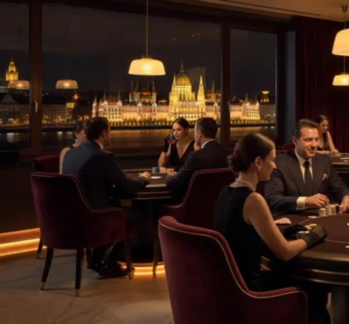 Elegáns, félhomályos Poker Lounge a A QUOI TU JOUESban, kényelmes székekkel és prémium italválasztékkal.