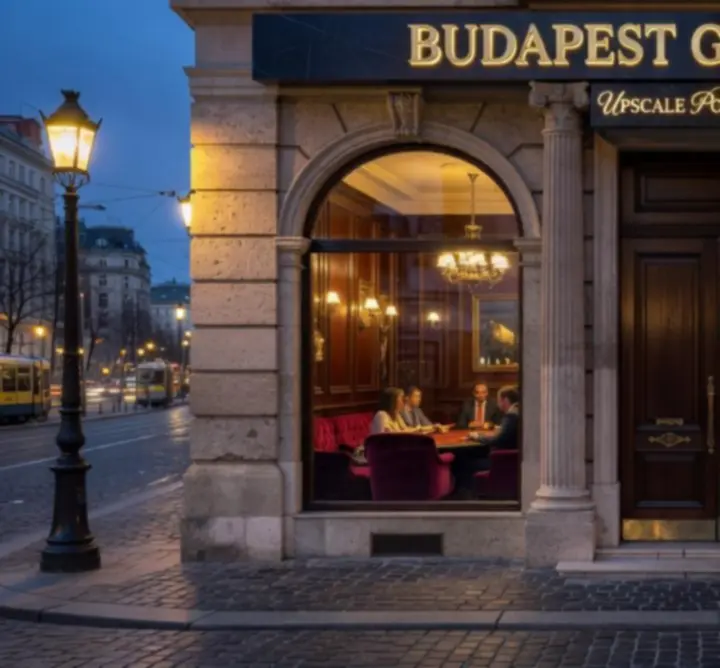 A QUOI TU JOUES elegáns étterem és póker lounge bejárata éjszaka